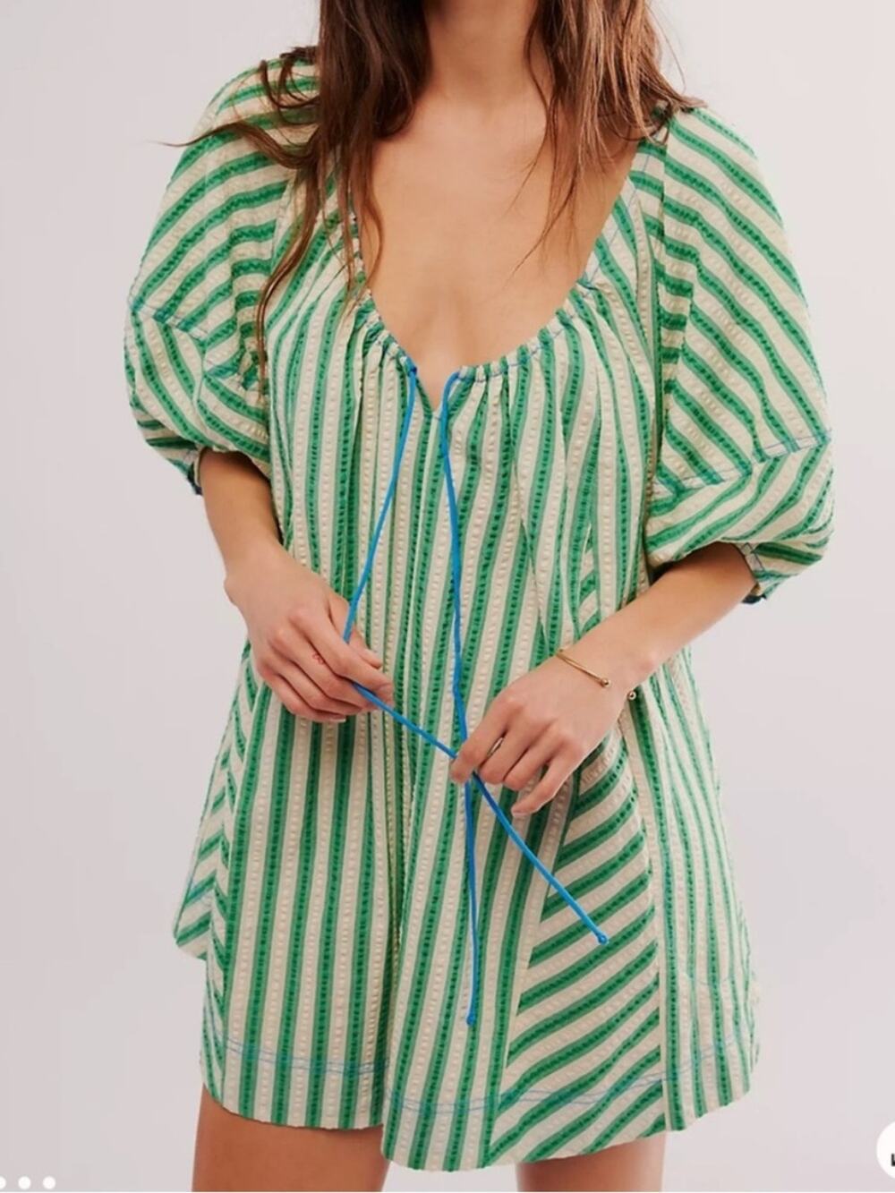 Free People Bop Around Green Cream Stripe Romper size medium